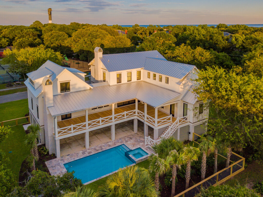 aerial view of home with a pool in charleston, SC