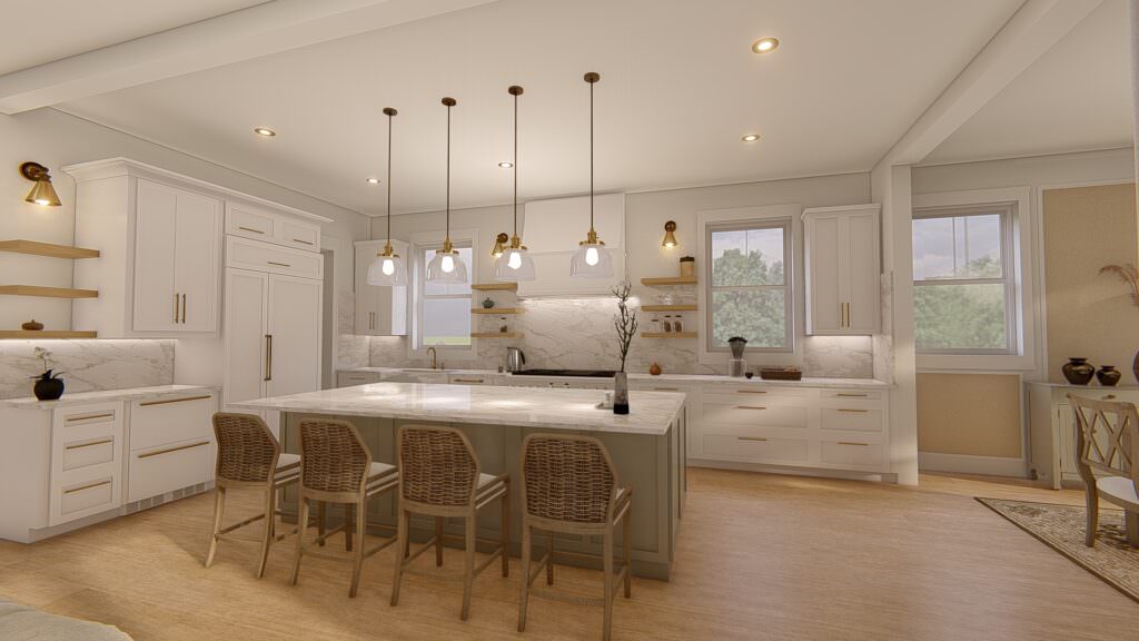 architectural visualization technology of new kitchen with island, chairs and open floorplan