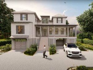 architectural visualization technology of a house with a car in the driveway