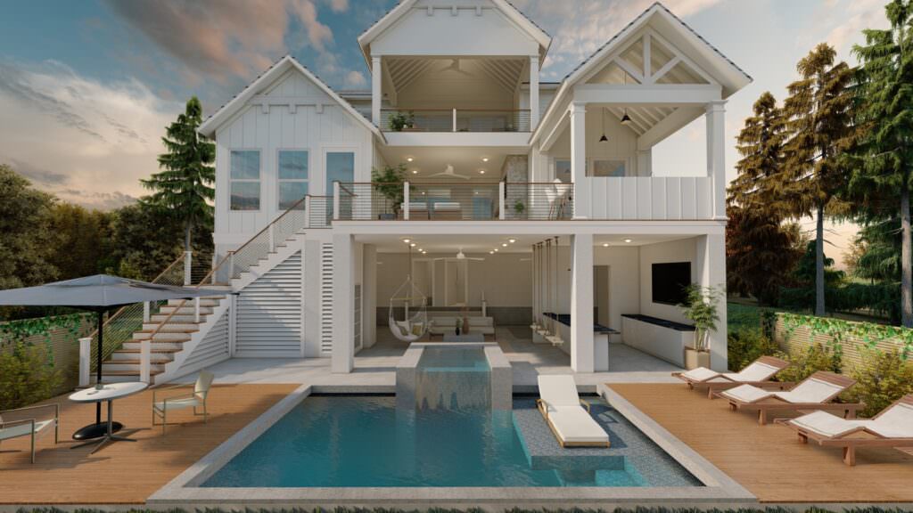 architectural visualization technology of big white house with pool, pool chairs, and outside pool furniture