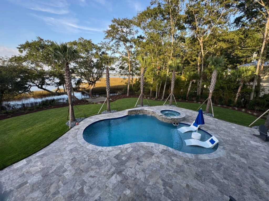 overhead view of pool and beautiful back yard