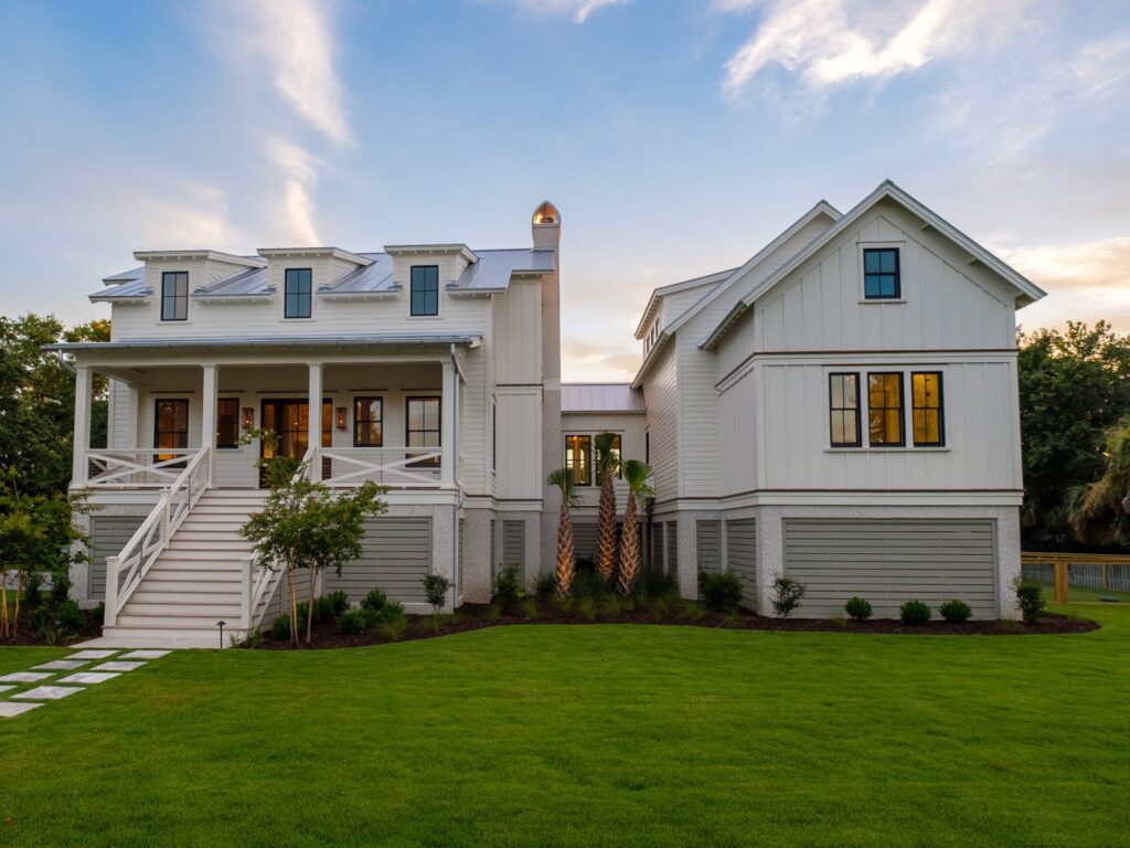 large home with lush green grass - Elevated house plans for flood zones