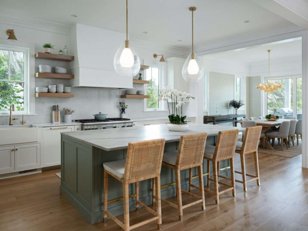 large kitchen island with rattan chairs