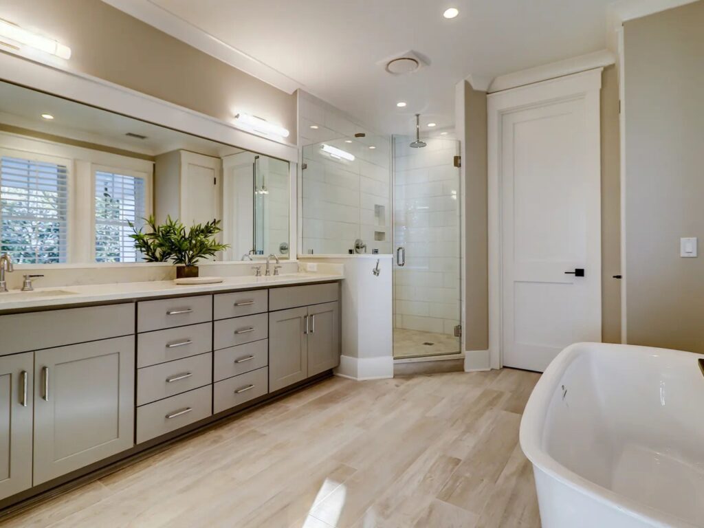 long vanity with cabinets and drawers - steps to remodel a bathroom